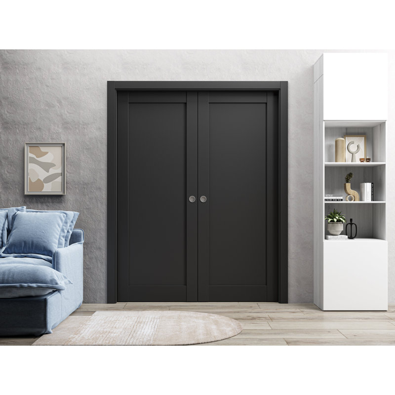 Portes coulissantes françaises à double poche | Quadro 4111 noir mat | Ensemble de quincaillerie pour rail, 60 po x 80 po