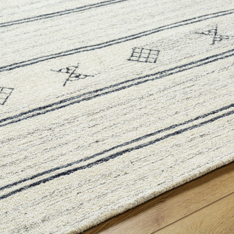 Rectangle Milada Striped Hand Tufted Wool Area Rug in Black/Beige, Rectangle 2' x 3'