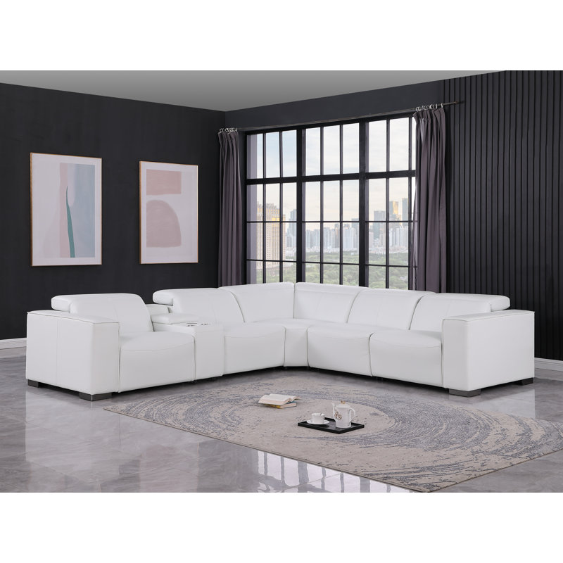 Canapé modulaire luxueux en cuir véritable 6 pièces avec 3 sièges inclinables électriques et appui-tête électrique, Blanc