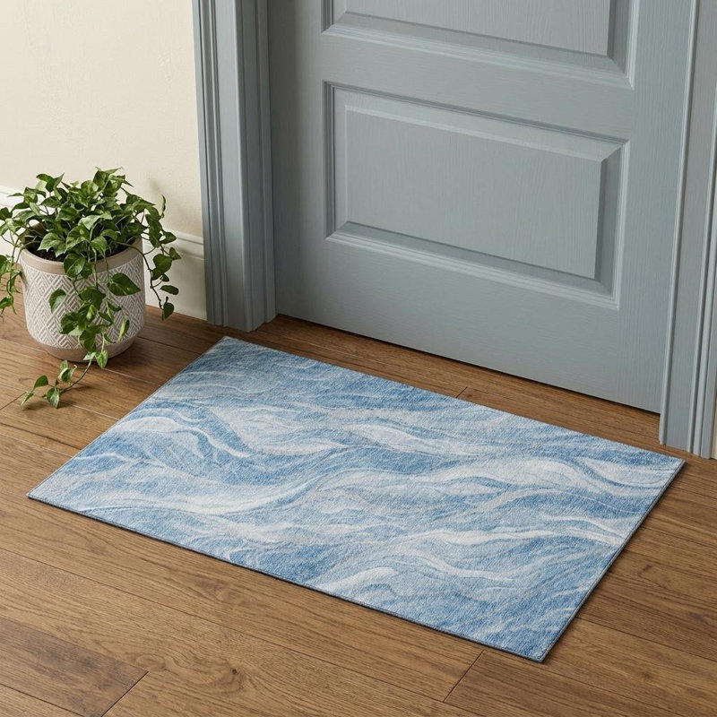 3' X 5' Blue And Ivory Abstract Washable Area Rug With UV Protection