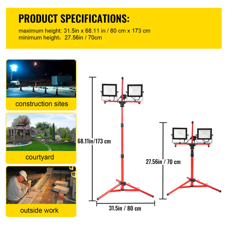Lampe de travail à DEL avec support, 10 000 lumens à double tête DEL