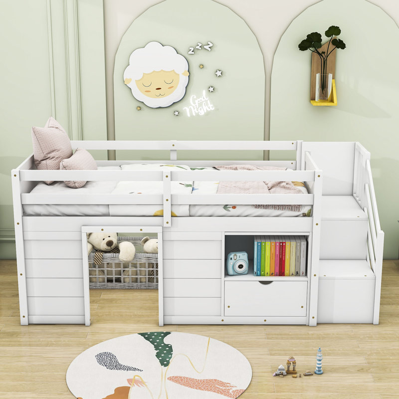 Jakaleb Twin 1 Drawer Wood Loft Bed with Shelf, White