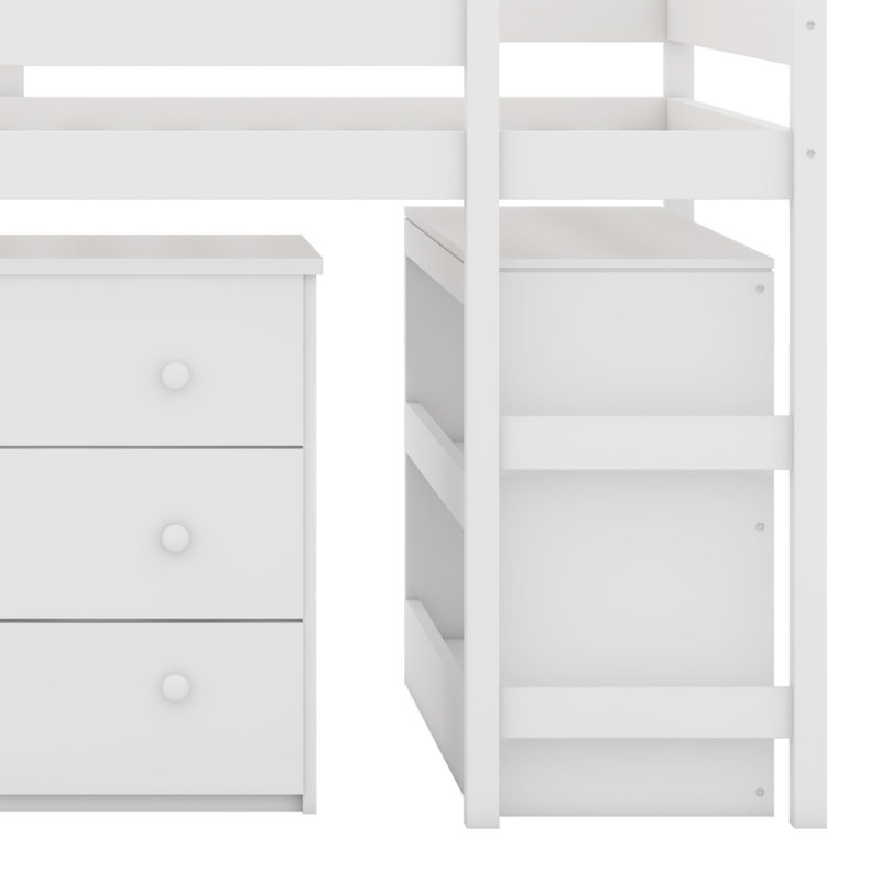 Lit mezzanine bas avec tablette, tiroirs et bureau portatif à roulettes, Blanc