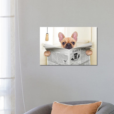 Dog on Toilet Seat Reading Newspaper V 1 Piece Wall Art on Canvas