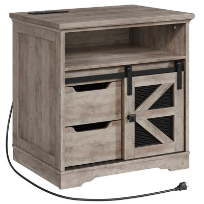Brisson 23.6"W Farmhouse End Table with Charging Station, Sofa Side Table with 2 Drawers and Barn Door, Rustic Wooden Nightstand Bedside Table