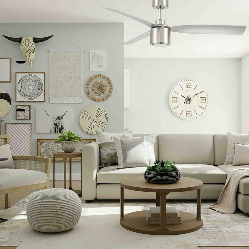 RAVIAN 52 inch 3-Blade Ceiling Fan With Remote (No Light), Brushed Nickel