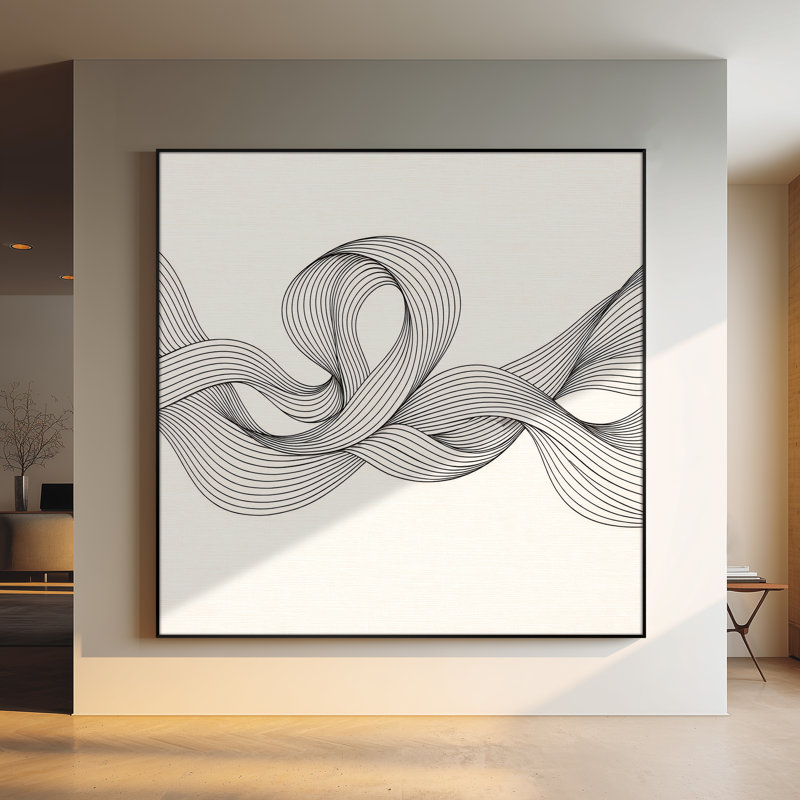 Très grand art mural imprimé sur tissu - Lignes de ruban abstraites grises, décor de bureau minimaliste - «Assemblage requis du cadre (cadre non fini)»