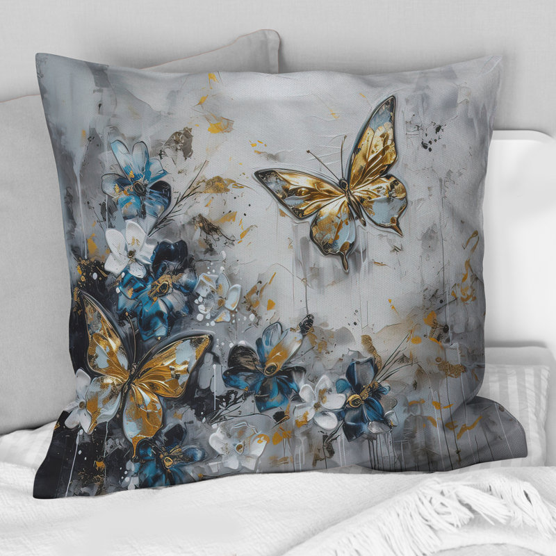 Ailes de papillon doré bleu et fleurs III - coussin à imprimé floral, H 16 po x l 16 po, Carré