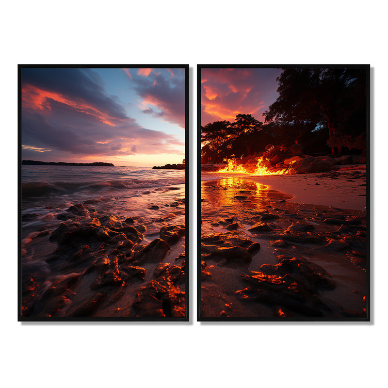 Décoration murale rose et orange bord de mer I - plage côtière côtière, 36" H x 48" W, Impression encadrée flottante, Black