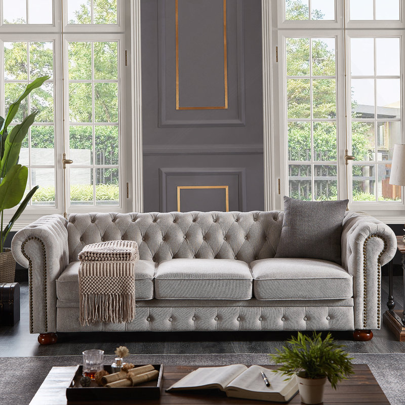 Canapé Chesterfield en tissu de lin, Gris clair