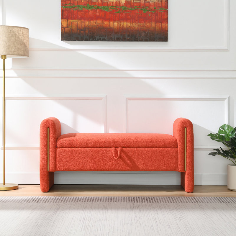 Banc de rangement en tissu orange avec accoudoirs, coffre pratique pour le salon, tabouret à chaussures rembourré moderne avec accoudoirs et intérieur