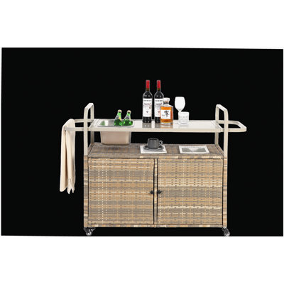Table de bar extérieure avec chariot-bar en bambou, chariot de service supérieur en acier avec glaçons, roues verrouillables, panier latéral adapté au jardin, au bord de la piscine et dans la cour, beige