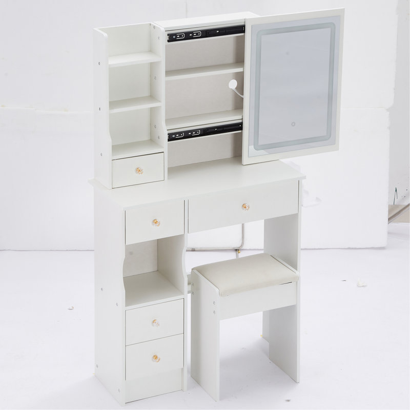 29.2" Small Size Drawer Desktop Vanity Table + Cushioned Stool, 2 AC+2 USB Power Station, Hair Dryer Bracket, Extra Large Touch Control Sliding LED Mirror, 3-Color Switching, EPA, GCC, UL Certificate