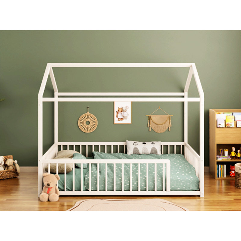 Floor Bed Frame With Fence, House Shaped Design Bed For Kids And Toddler, White