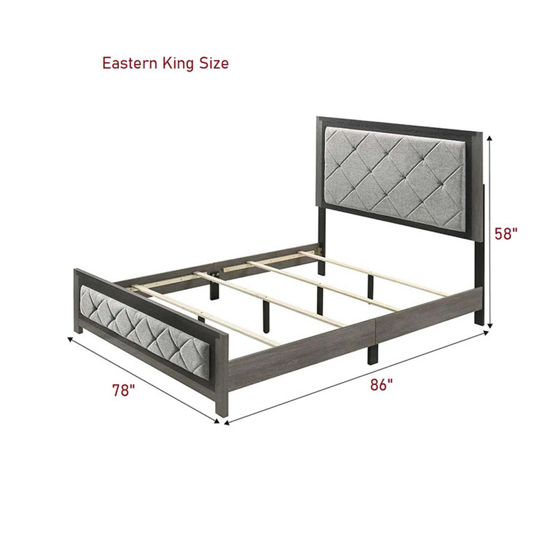 Lit à panneau moderne à finition transitionnelle avec tête et pied de lit capitonnés, mobilier de chambre en bois élégant