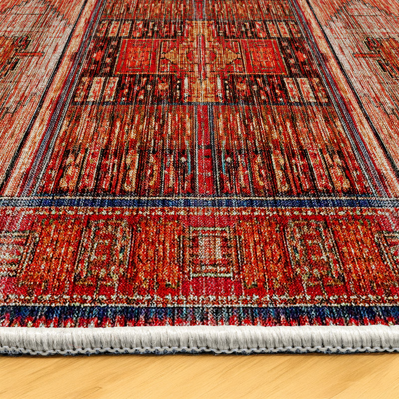 Tapis rouge en coton et polyester à imprimé numérique Nomad Spirit Collection, Rond 3 pi 4 po