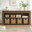 Bibliothèque de 160 cm avec 4 paniers tressés, tablette basse horizontale en bois de style campagnard, rangement pour livres