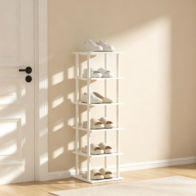 Vertical Bamboo Shoe Rack, Tall Narrow Shoe Storage Organizer for Small Spaces, Stackable DIY Skinny Shoe Shelf for Entryway Closet Corner Doorway, Space Saving Free Standing Shoe Rack