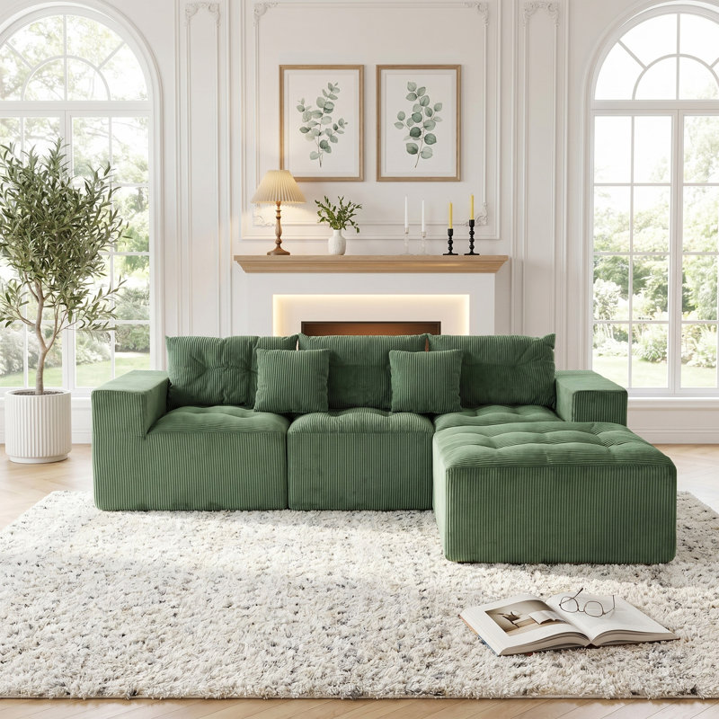 101″L-shaped Boneless Chenille Upholstered Sofa No Assembly, Green