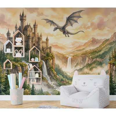 Castle Wall Mural, Fairy Tale Kingdom Wallpaper, Watercolor Waterfall Landscape, Magic Mountain Nursery Art, Dragon Peel and Stick Mural  1195DRS