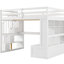 Lit mezzanine double blanc avec bureau, tablettes, deux tiroirs et escalier de rangement robuste