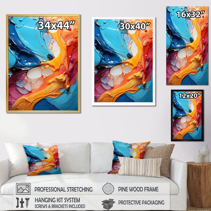 Collage symphonique abstrait sarcelle orange fractal, Encadrement doré, H 32 po x l 24 po x P 1 po