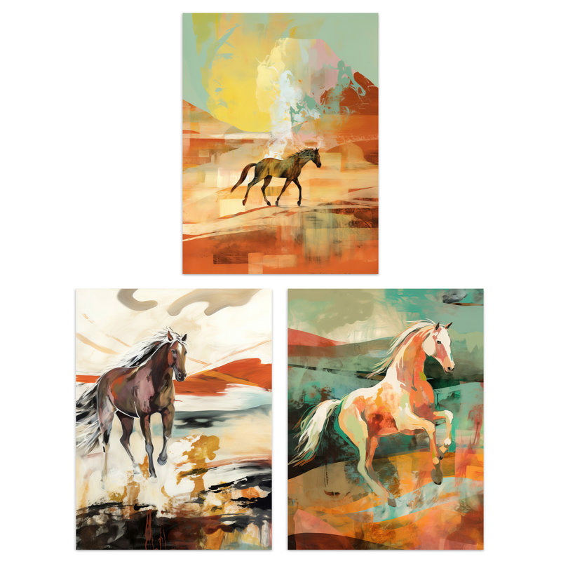 Wild Desert Horses Bright Sandy Tones Modern Aesthetic - 3 Piece No Frame Print Set, 40.5cm H x 30.5cm W x 0.3cm D