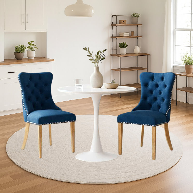 Ensemble de table de salle à manger, table de salle à manger ronde de 24 po et 2 chaises de salle à manger en velours avec pieds plaqués or