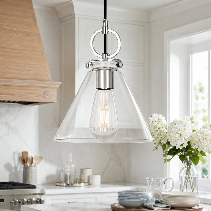 Suspension Alejo 9,1 po à 1 lumière en verre conique transparent soufflé à la main pour îlot de cuisine, Chrome chrome