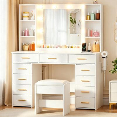 Coiffeuse de maquillage avec lumières et 11 tiroirs