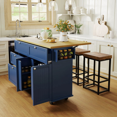 Farmhouse Kitchen Island With Drop Leaf And 2 Seatings, Kitchen Table Set With Storage Cabinet, Drawers, Door Shelves And Power Outlet