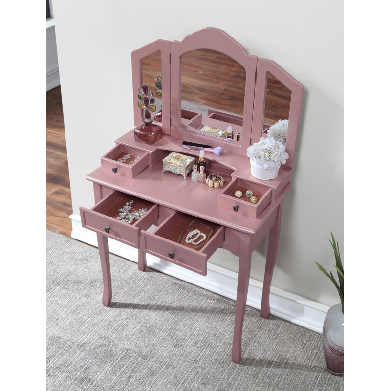 Ensemble coiffeuse et tabouret en bois Sanlo, Rose