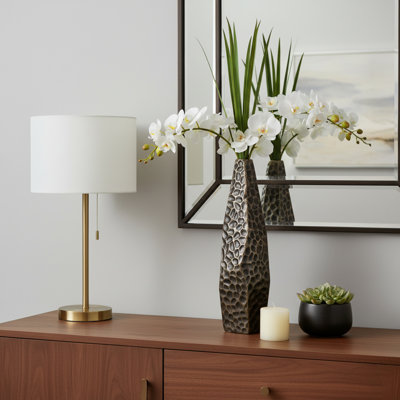 Modern Asymetrical Metal Ribbed Tall Vase for Living Room Decor - Art-Inspired Flower Vases for Table Centerpiece, Bedroom Styling, and Home Decor - Brown
