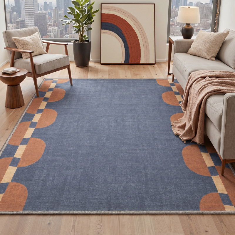 Tapis géométrique bleu / orange lavable à la machine avec envers antidérapant, Round 5'