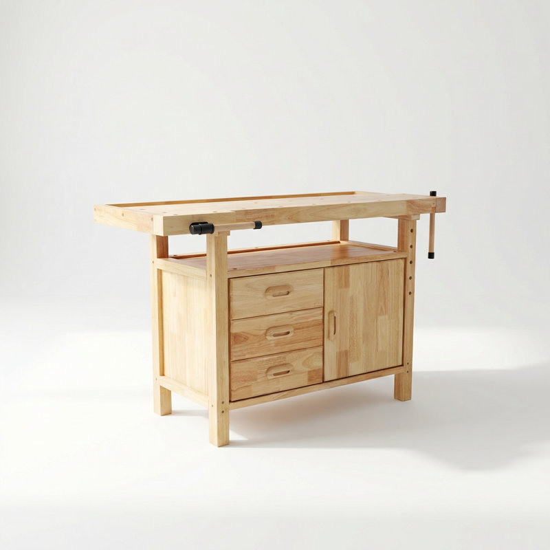 Établi professionnel en bois massif avec tiroirs de rangement et armoire pour garage et atelier