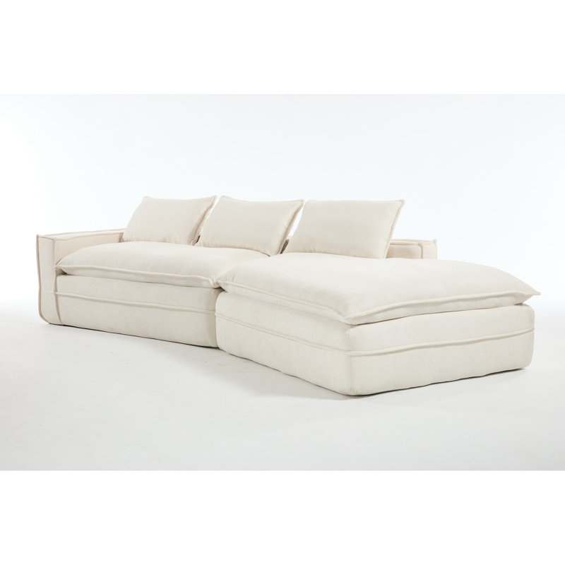 Canapé en tissu d'ameublement moderne à 3 places avec méridienne droite, tissu blanc, sièges profonds pour le salon, éponge à haute élasticité, support à ressorts, conception modulaire et polyvalente