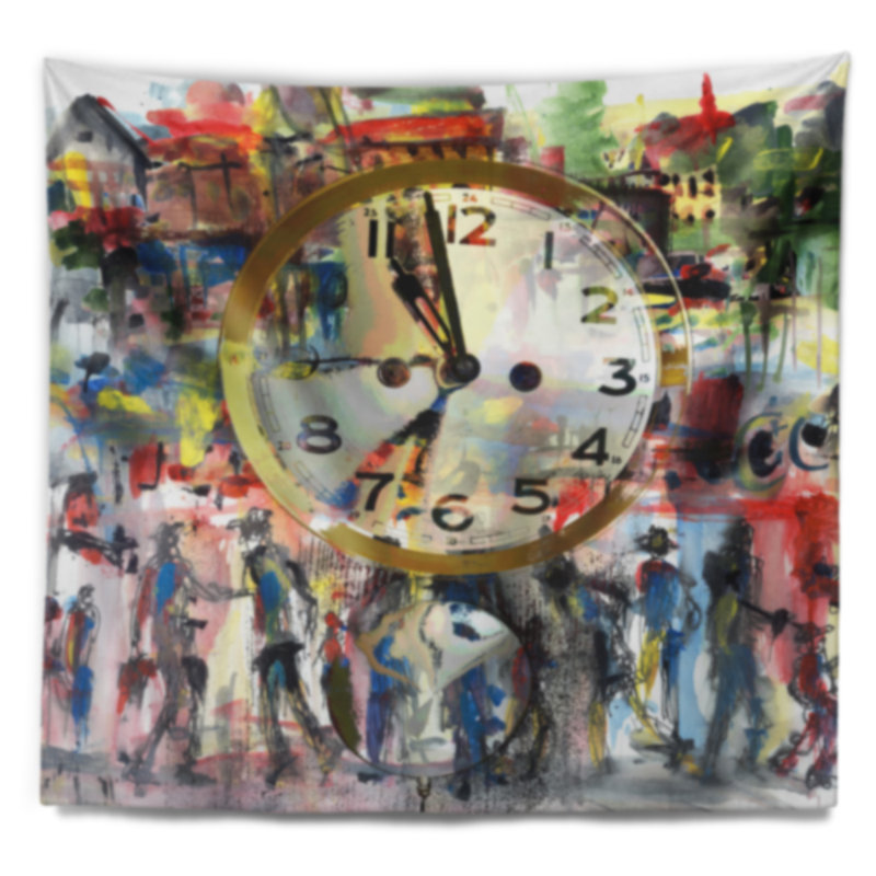 Tapisserie aquarelle abstraite «People and Time», H 68 po x l 80 po