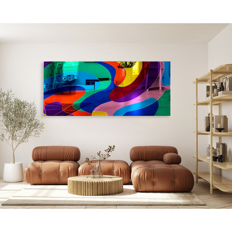 UniQstiQ, art mural rectangulaire abstrait en acrylique fabriqué aux États-Unis - motif de vagues colorées, décor contemporain moderne, prêt à accrocher