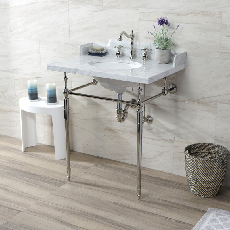Kingston Brass Habsburg 30-Inch Carrara Marble Console Sink with Brass Legs (8-Inch, 3-Hole), Marble White/Polished Nickel