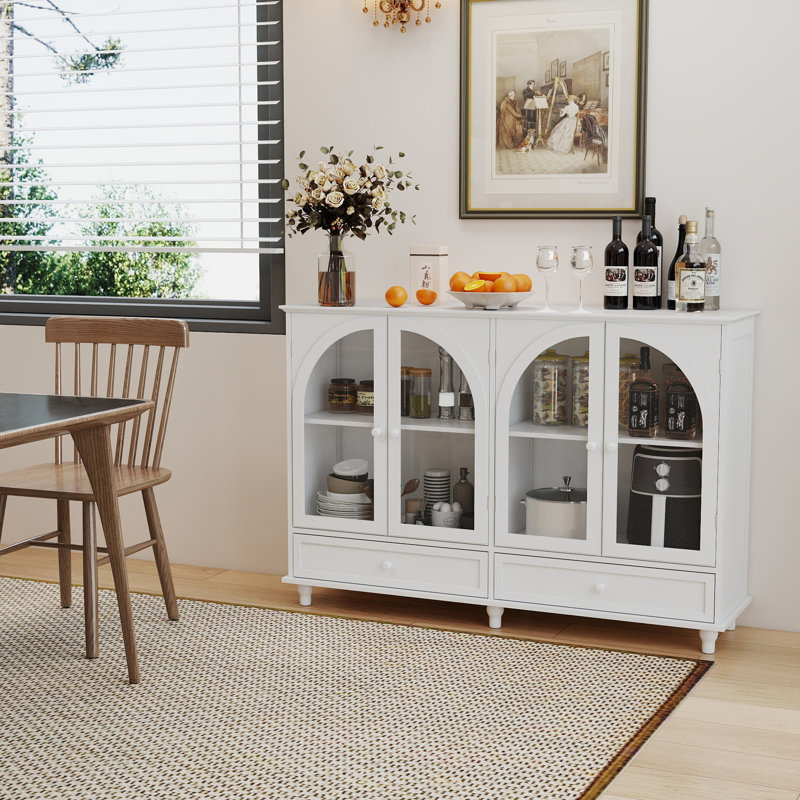 Buffet en verre arqué, 2 tiroirs et 4 portes en verre, White