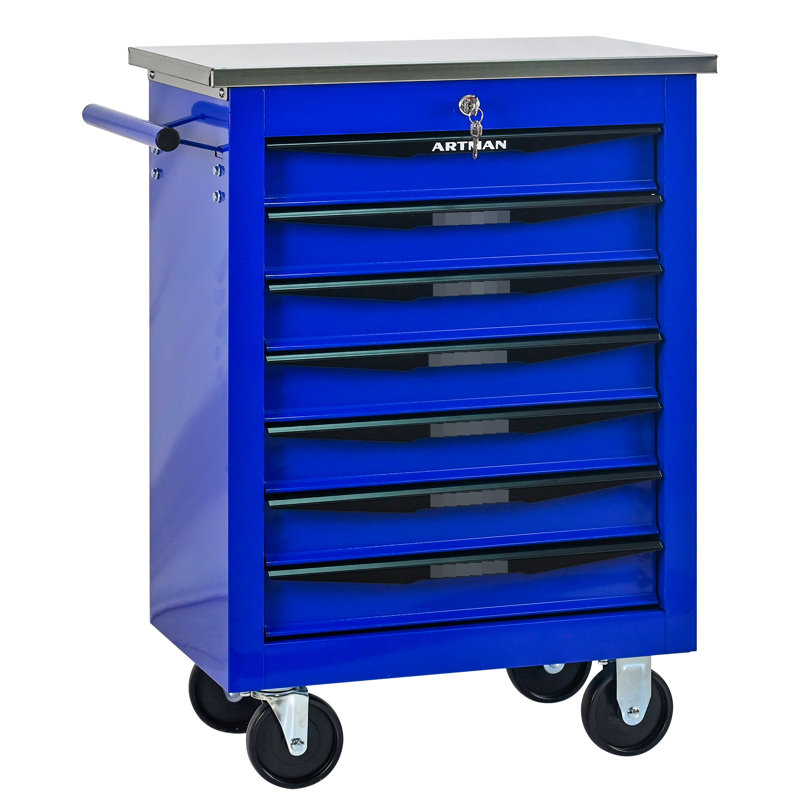 7 tiroirs, chariot à outils en métal, roues, toit en acier inoxydable, entrepôt, pivotant universel, verrouillage, poignée à tirer, tiroirs verrouillables multifonctionnels, atelier de réparation de garage à roulettes, pivotant, d'un côté