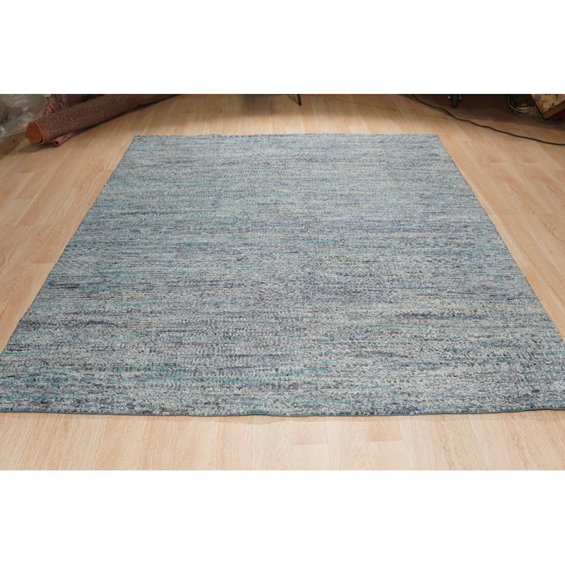 Tapis bleu uni tissé en soie tissé à la main Horizon, 9 pi x 12 pi