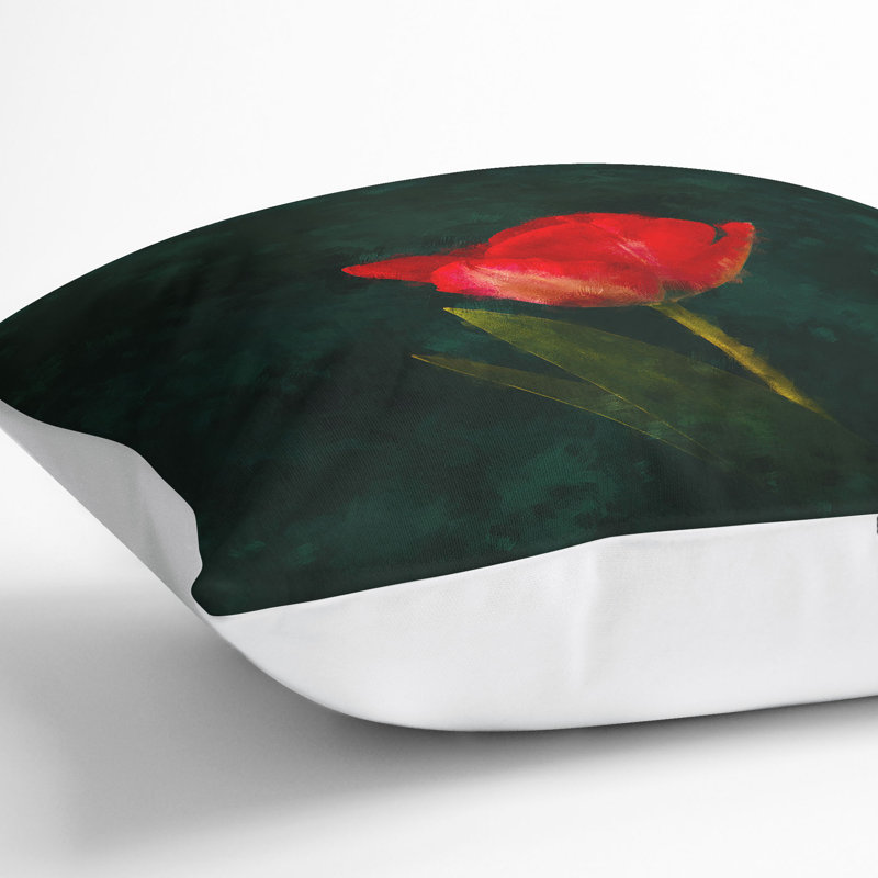 Lone Tulip Painting Cushion with Filling, White, 40cm H x 40cm W x 15cm D