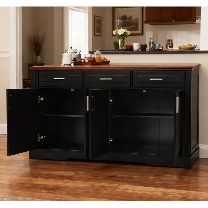 63" Fluted Sideboard Buffet Cabinet With Storage, Modern Coffee Bar Station With 4 Doors And 3 Drawers, Wood Kitchen Storage Console Table For Living Room Dining Room Entryway, Black