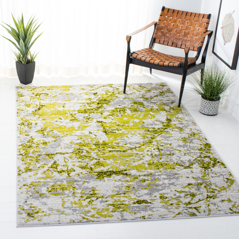 Tapis abstrait gris / vert, Rectangle 5 pi 1 po x 7 pi 6 po
