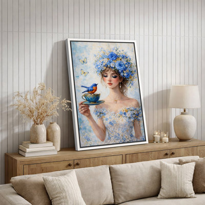«Elegant Blue Floral Woman with Bird Teacup», œuvre d'art sur toile encadrée, impression sur toile