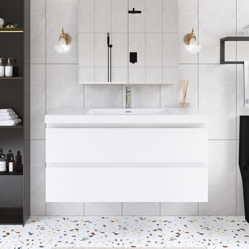 Meuble-lavabo mural simple 42 po avec plateau en résine intégré, Blanc