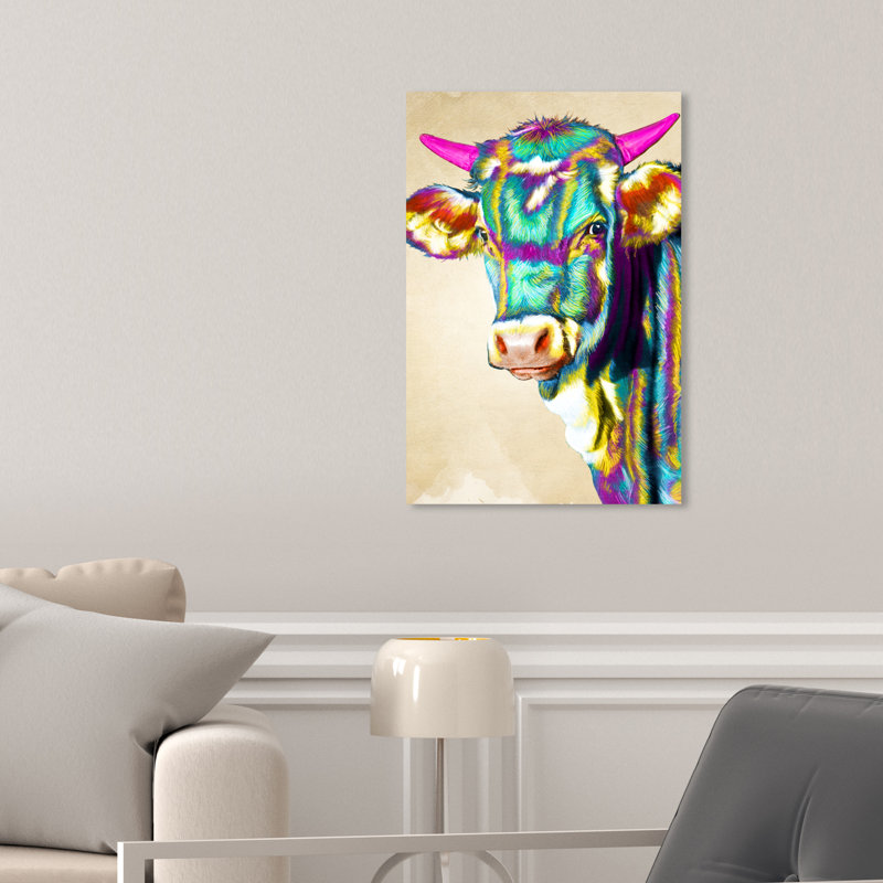 «Colorful Glam Cow», reproduction de peinture acrylique sur toile tendue, H 30 po x l 20 po, Cadre noir