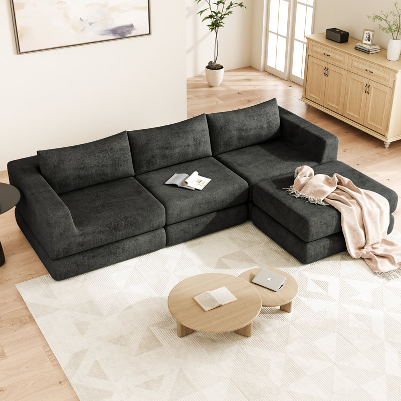 Cloud Compression L-shaped Modular Sectional Couch – 4-seater Upholstered Convertible Sofa With Ottoman, Deep Seat Chenille For Living Room,green