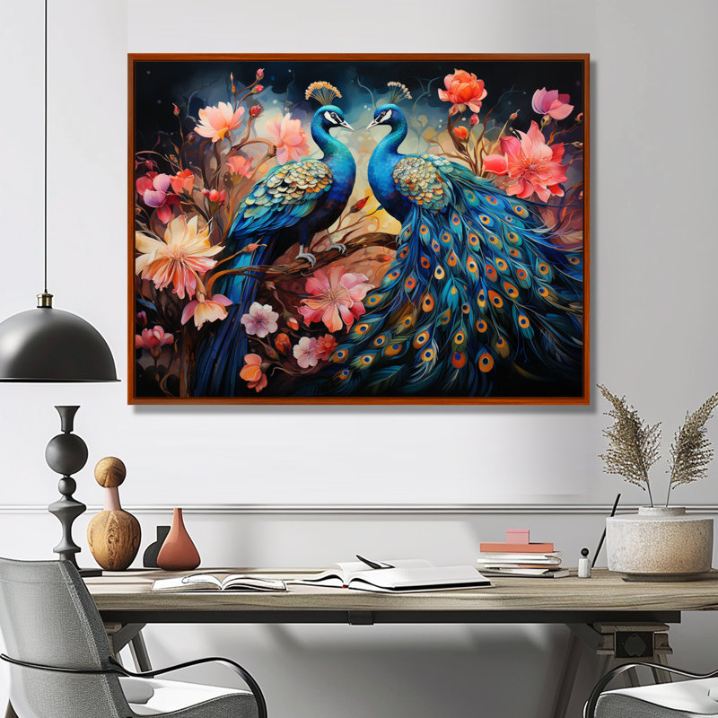 «Blue Coral Indian Art Dancing Peac II» - Art mural indien, H 30 po x l 40 po x P 1,5 po, Cadre flottant brun